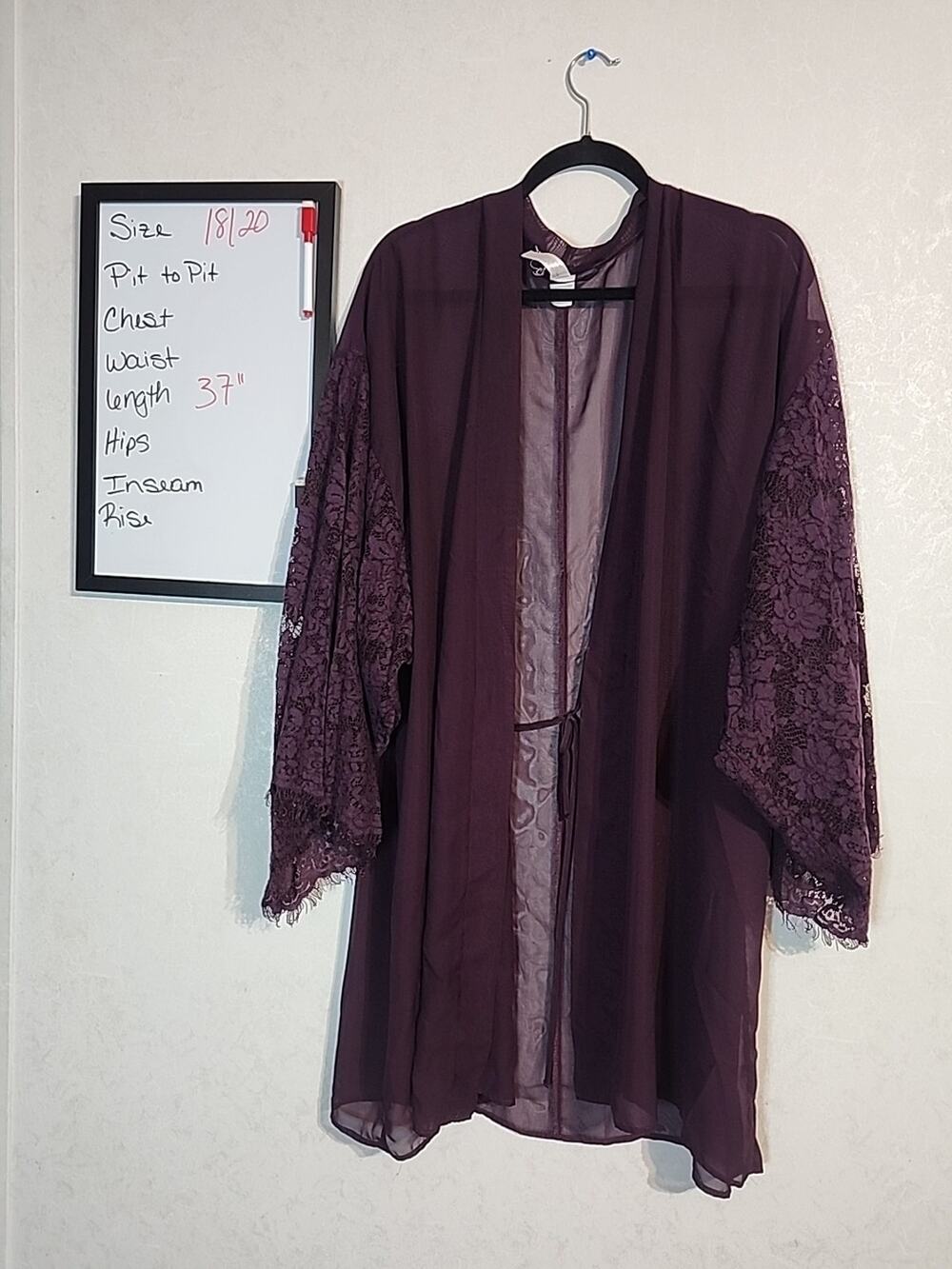 Cacique Robe sz 18/20 Plum Sheer Knee Length Open Front Floral Lace Sleeves